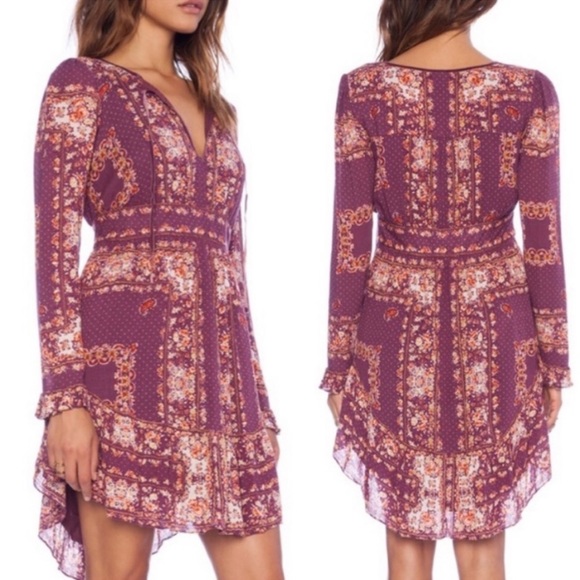 FREE PEOPLE Bridgette Floral Long Sleeve Boho Mini Dress In Berry Combo - Picture 2 of 9